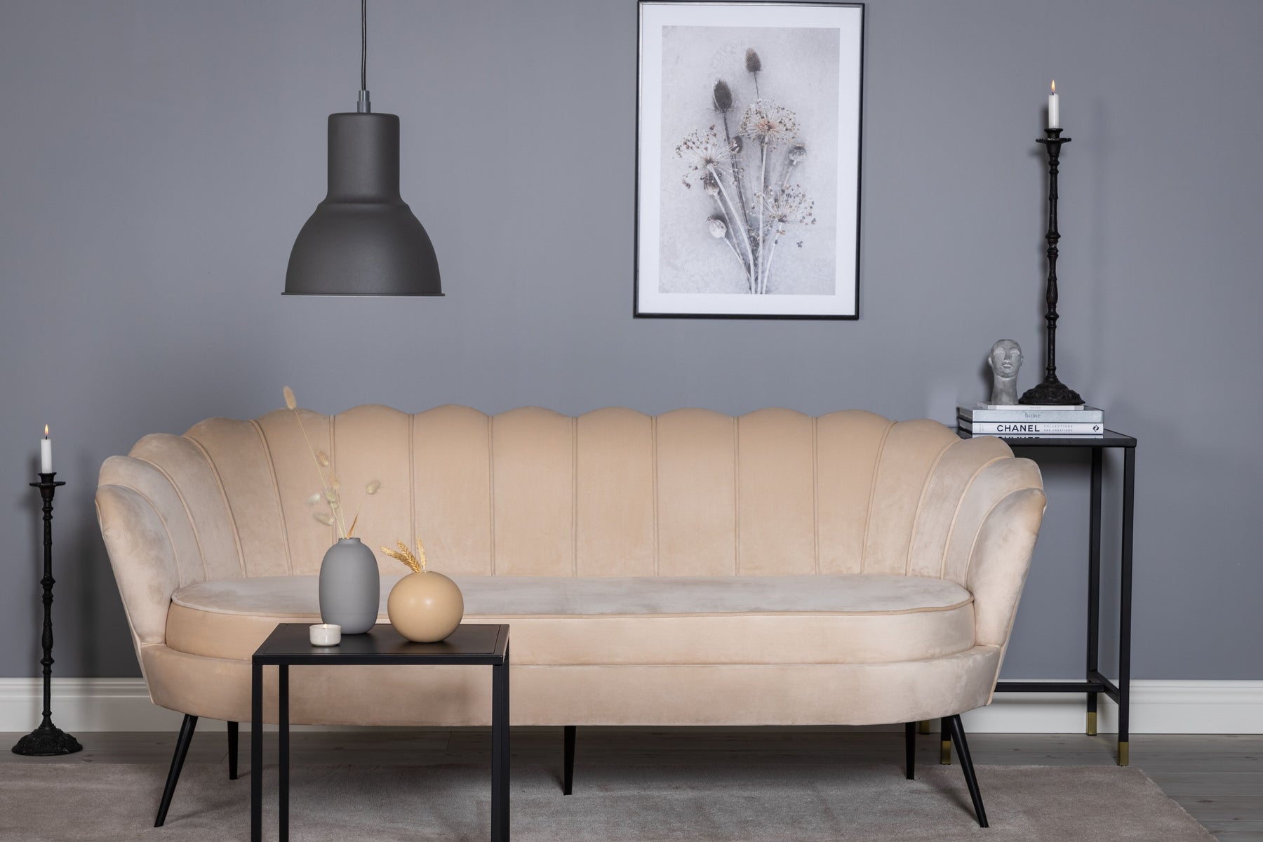 Calais Sofa 3-seater - Beige Velvet - Black Legs