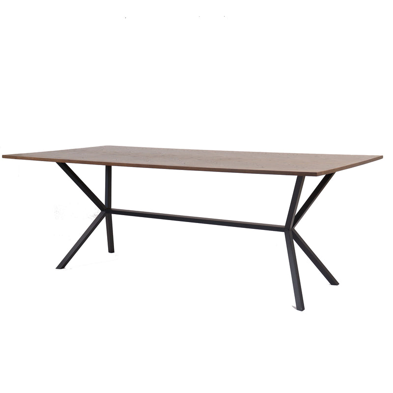 Square matbord 200x100 brunbetsad fiskbensfanér skiva med svarta metall ben